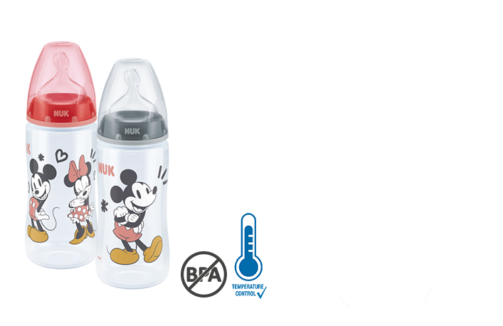   NUK First Choice+ Disney Mickey Mouse Babyflasche 300ml mit Temperature Control, rot und grau, BPA frei, No Colic