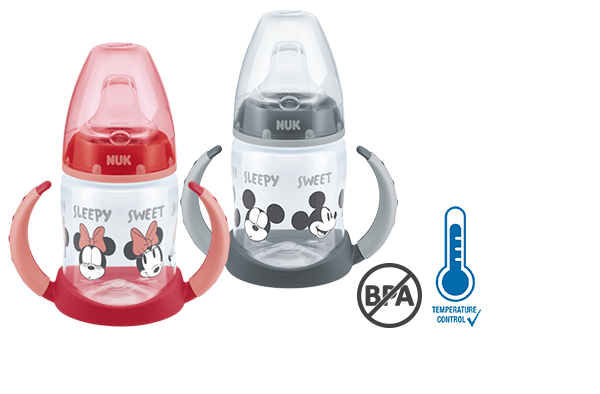NUK Disney Mickey Mouse Trinklernflasche 150ml mit Temperature Control, rot und grau, BPA frei, No colic